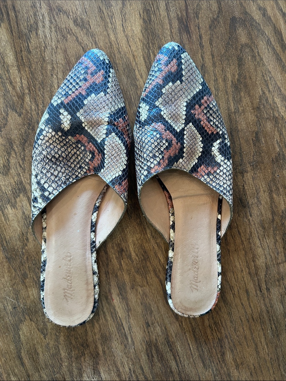 Madewell Pointed Snake-Print Slip-On Mules in Black, Brown & Cream